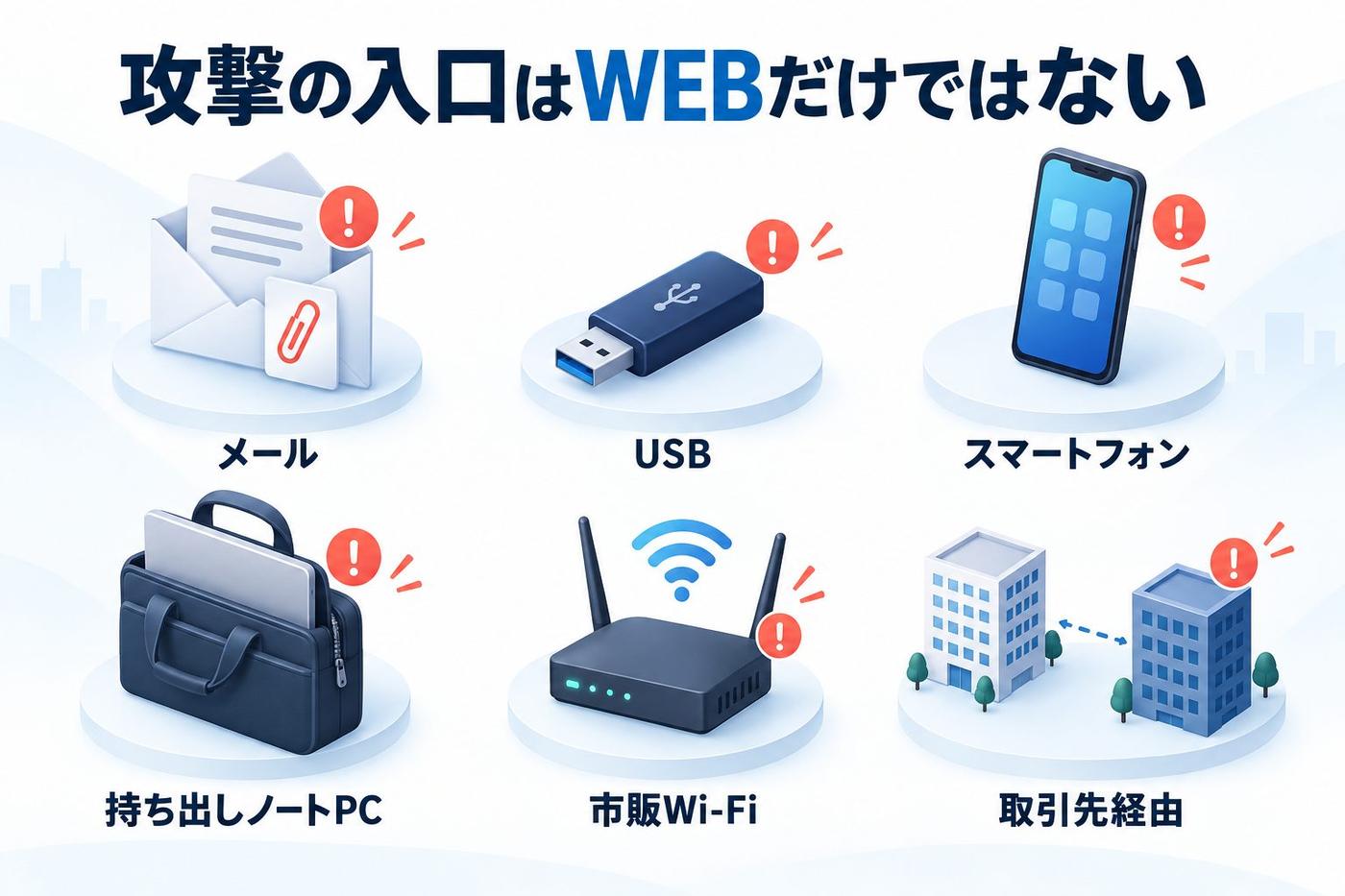 攻撃の入口はWEBだけではない：メール・USB・スマートフォン・持ち出しノートPC・市販Wi-Fi・取引先経由