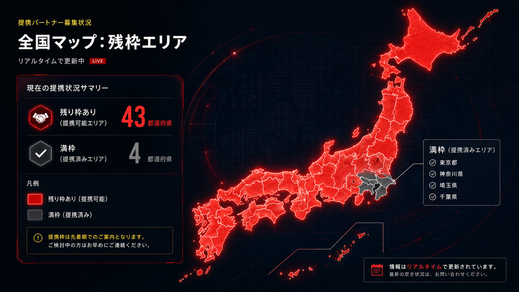 全国マップ：提携枠の空き状況ヒートマップ（残枠エリアを朱色で表示）