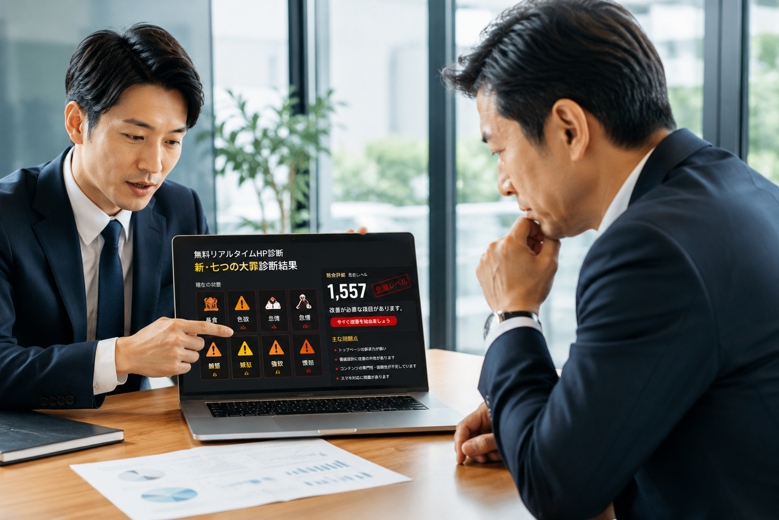 商談で新・七つの大罪の診断画面を社長に見せる営業担当