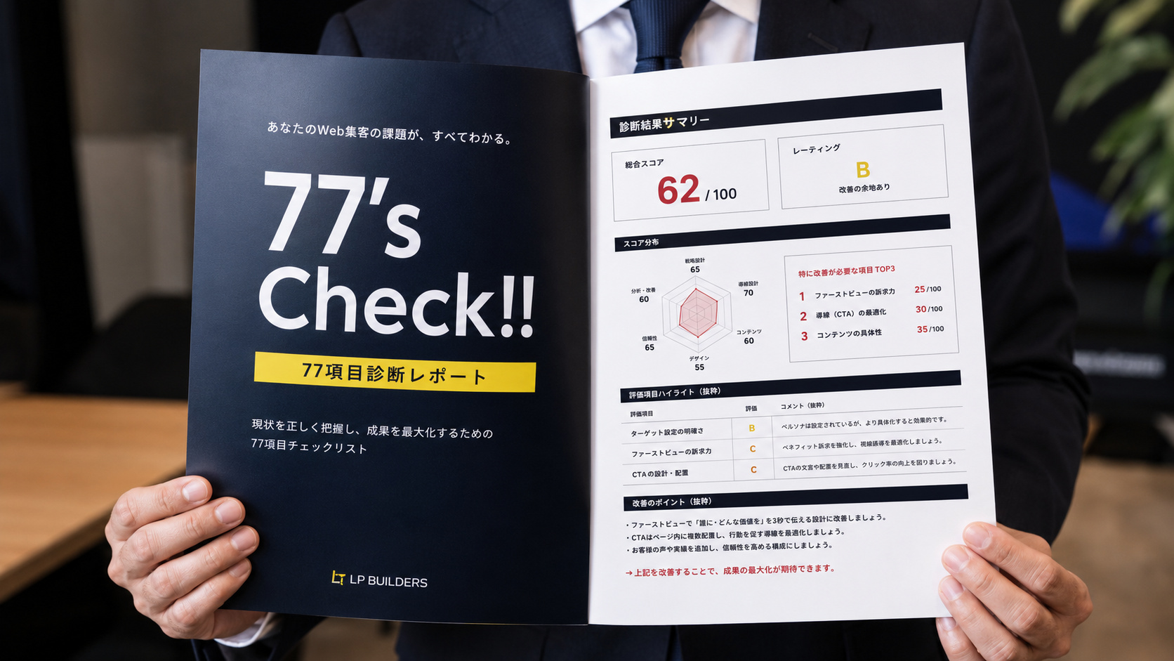 77項目診断レポートの実物を手に持つ様子