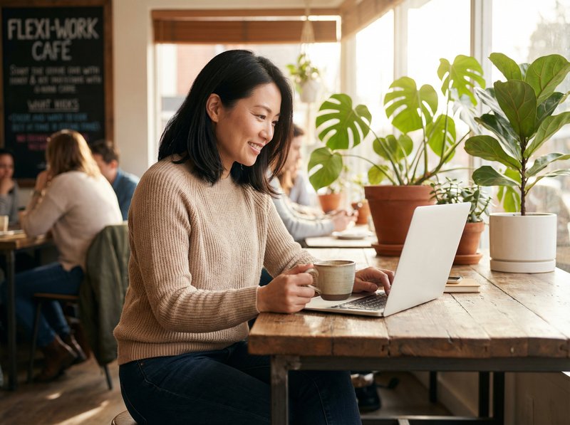 カフェでフレックス勤務をする日本人女性