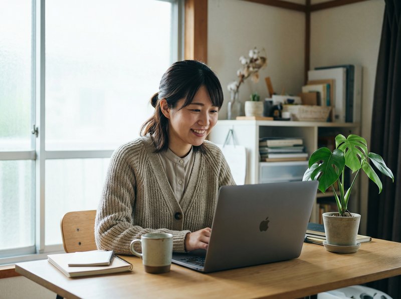 自宅でリモートワークをする日本人女性